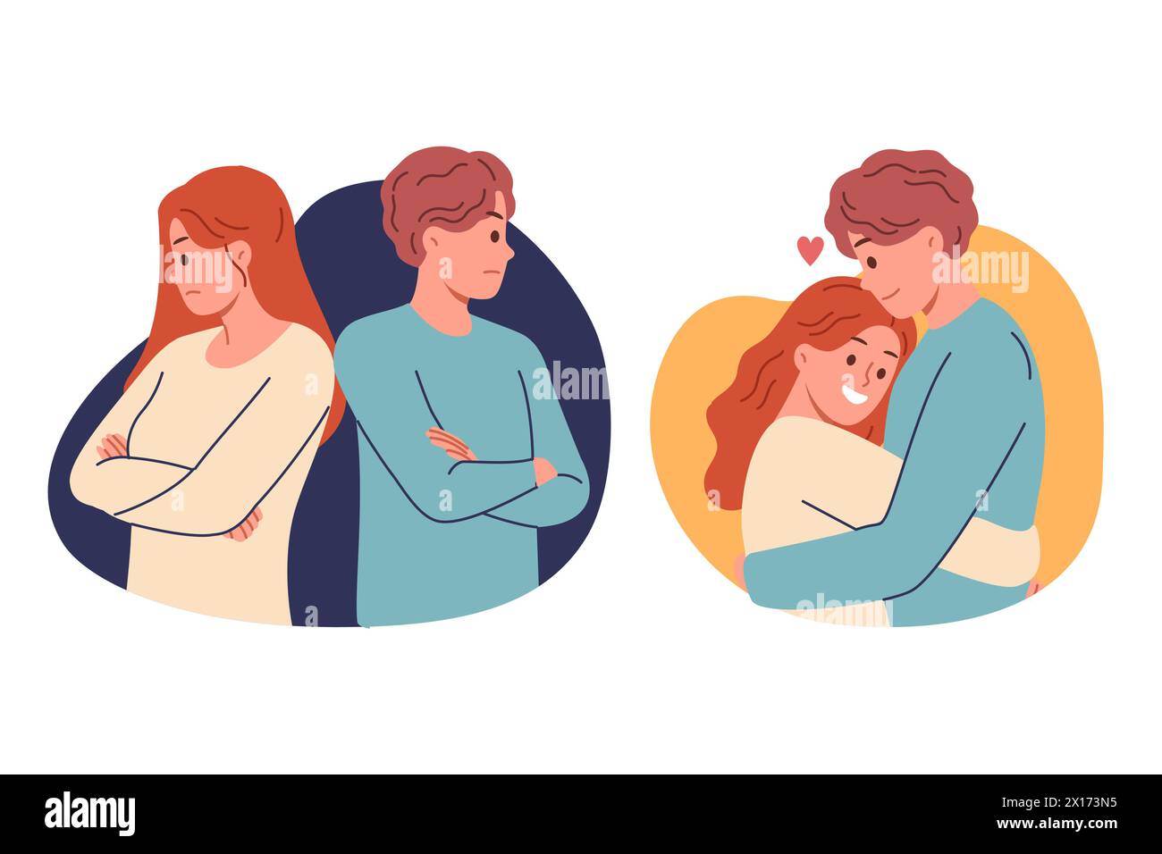 Offended couple experiences disagreements after family quarrel and hugs to restore relations Stock Vector