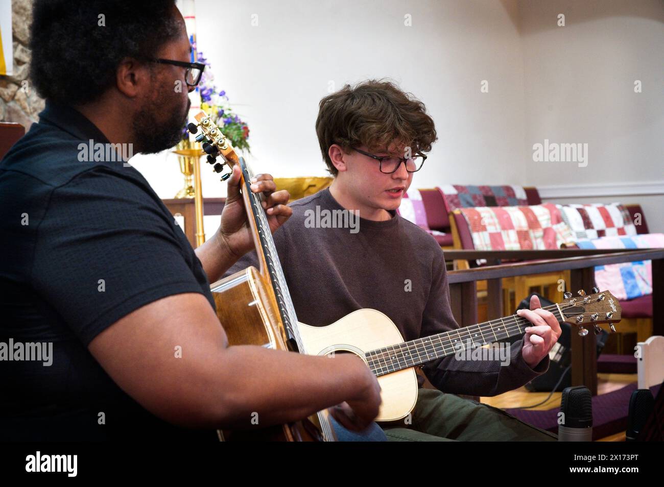 USA; 04/13/2024:  The McCullough School of Guitar and also Guitar Studio of Aaron Funk during a Spring Recital at St Andrews Lutheran Church in Center Stock Photo