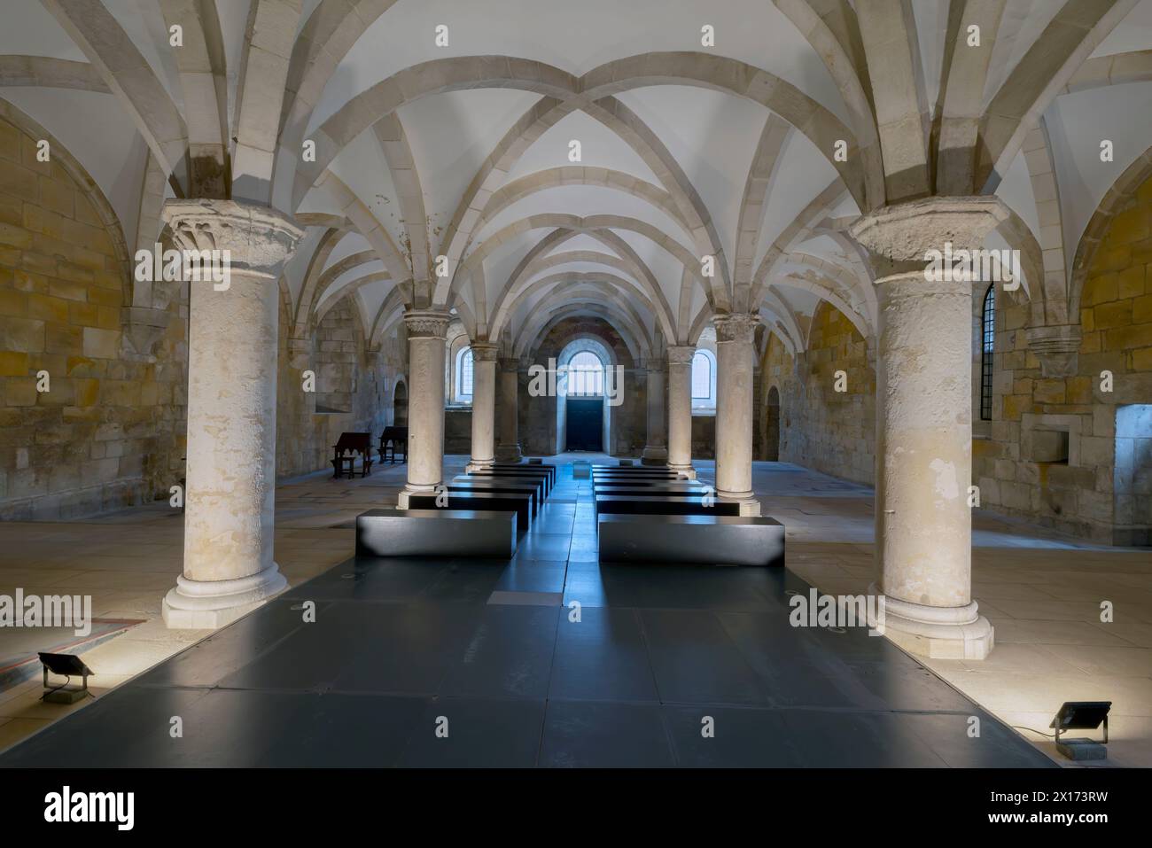 Inside the monk's hall. The Alcobaça Monastery (Mosteiro de Alcobaça)  or Alcobasa Monastery  is a Catholic monastic complex located in the town of Al Stock Photo