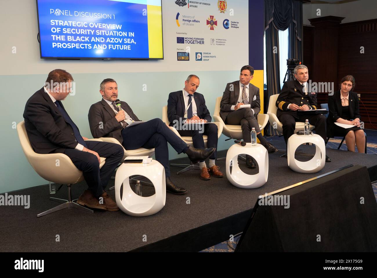 SOFIA, BULGARIA - APRIL 14, 2024 - Chairman of the Centre for Defence Strategies, Minister of Defence of Ukraine (2019-2020) Andriy Zagorodniuk, Senior Fellow at Policy Exchange, former Director-General of the Defence Academy within the Joint Forces Command Air Marshal (ret.) Edward Stringer, former Deputy Commander of the NATO Allied Maritime Command (2020-2023) Vice Admiral (ret.) Didier Piaton, Associate Professor in Security Policy and Strategy at the Swedish Defence University, Former Force Commander for the United Nations Multidimensional Integrated Stabilization Mission in Mali (MINUSMA Stock Photo