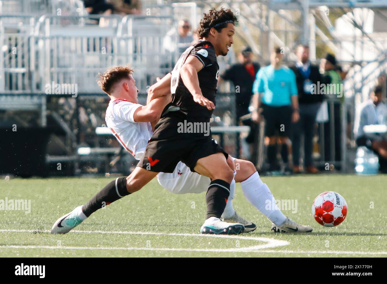 VANCOUVER, CANADA - APRIL 14: Moses Dyer of Vancouver F.C battles for possession during the Canadian Premier League match between Vancouver F.C and Valour F.C at Willoughby Community Park Stadium on April 14, 2024 in Vancouver, Canada. (Photo by Tomaz Jr - Pximages) Credit: Px Images/Alamy Live News Stock Photo