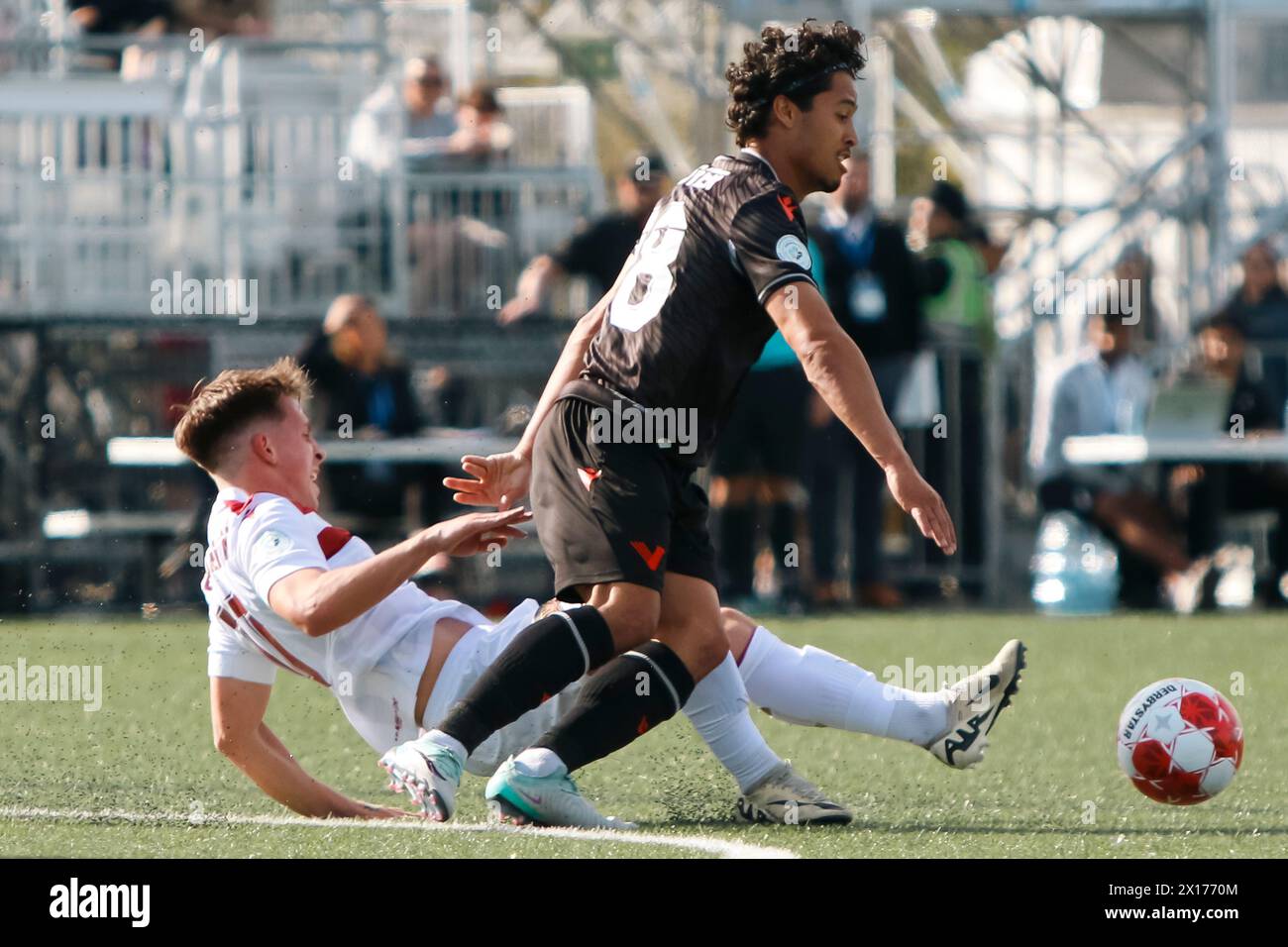 VANCOUVER, CANADA - APRIL 14: Moses Dyer of Vancouver F.C battles for possession during the Canadian Premier League match between Vancouver F.C and Valour F.C at Willoughby Community Park Stadium on April 14, 2024 in Vancouver, Canada. (Photo by Tomaz Jr - Pximages) Credit: Px Images/Alamy Live News Stock Photo