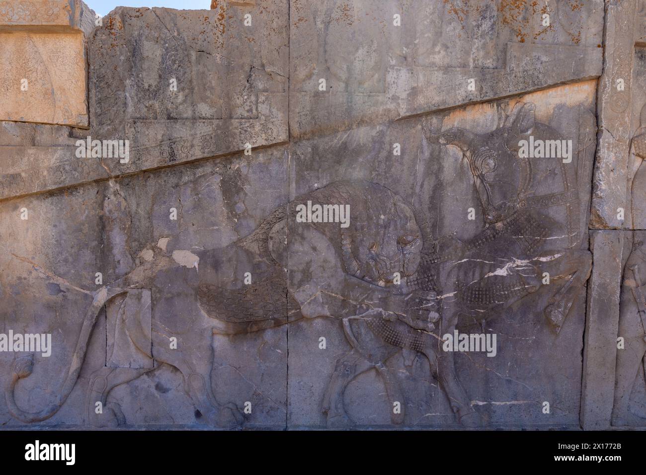 Detailed stone engravings depicting warriors in combat. A testament to ancient artistry, skillfully carved on the walls of a UNESCO World Heritage Sit Stock Photo