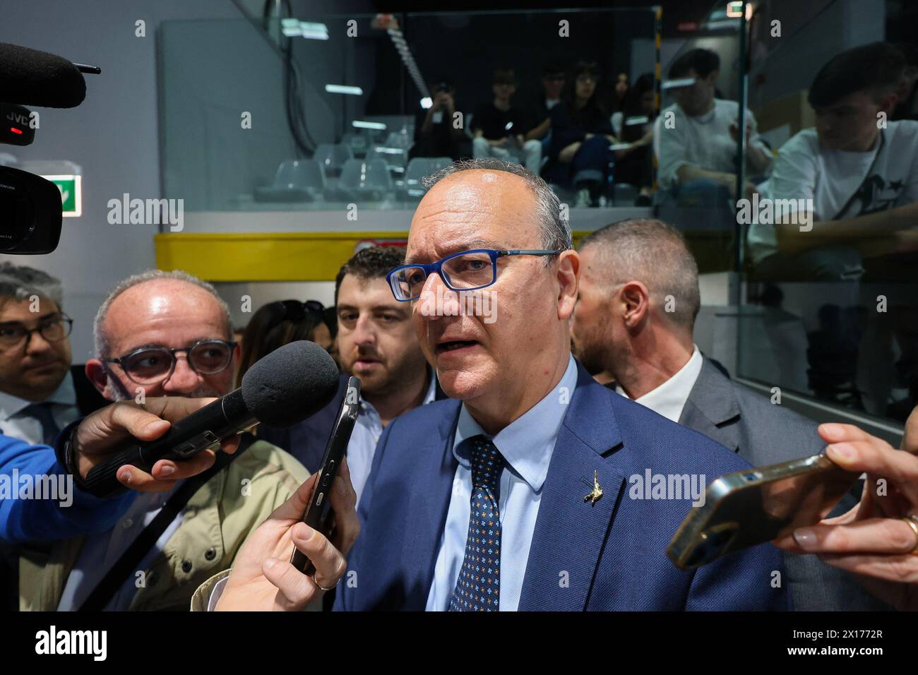 Caserta, Italy, 15 April 2024. The Minister of Education and Merit, Giuseppe Valditara, talks with journalists during the 'Scuola Futura' event, the traveling campus of the PNRR Education. Stock Photo