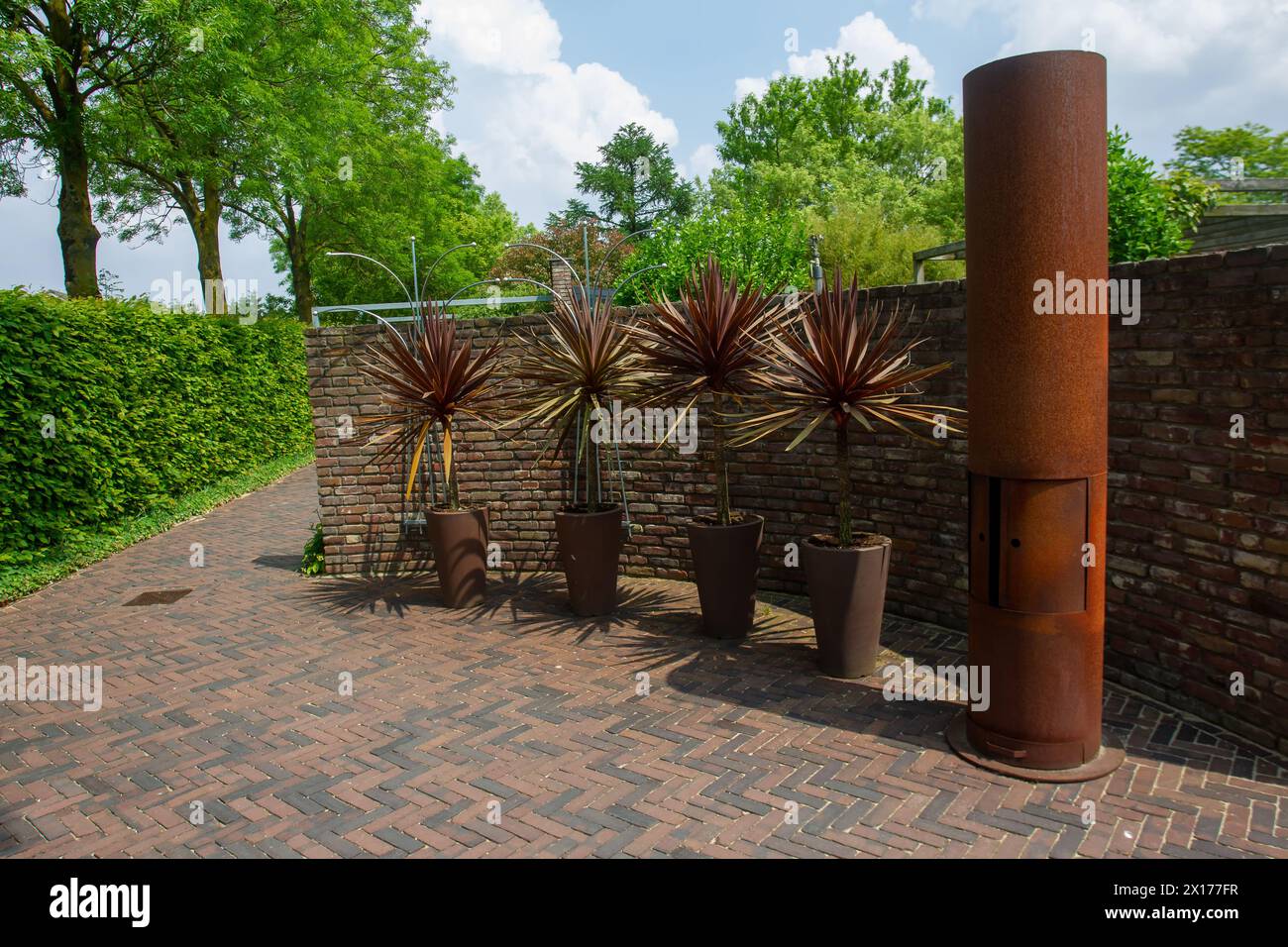 Some composition with potted plants (exotic plant - southern cordyline) and rusty metal pipe (Potebelly stove) in Fantastic May day Stock Photo