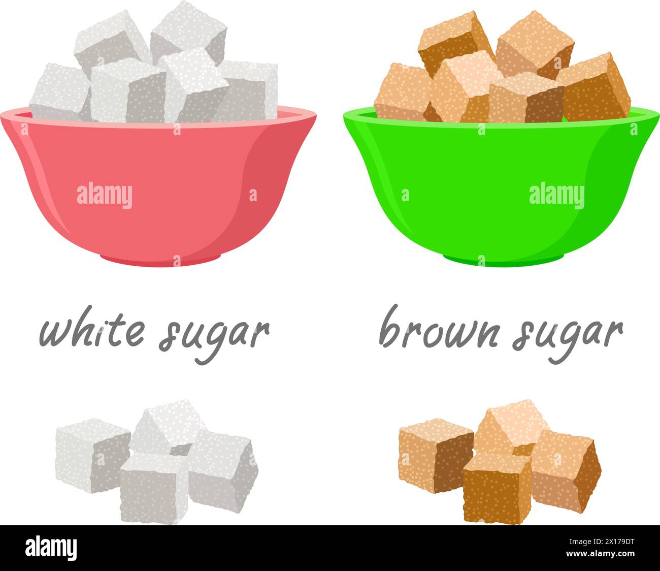 vector sugar cubes in sugar bowls and in piles. set of white and brown sugar cubes and text. sweet food for energy source. cooking background with nat Stock Vector