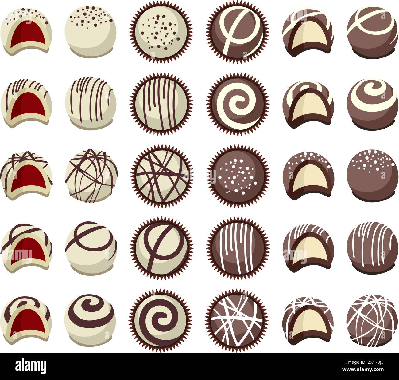 vector collection of chocolate candies for dessert, top view, side view ...
