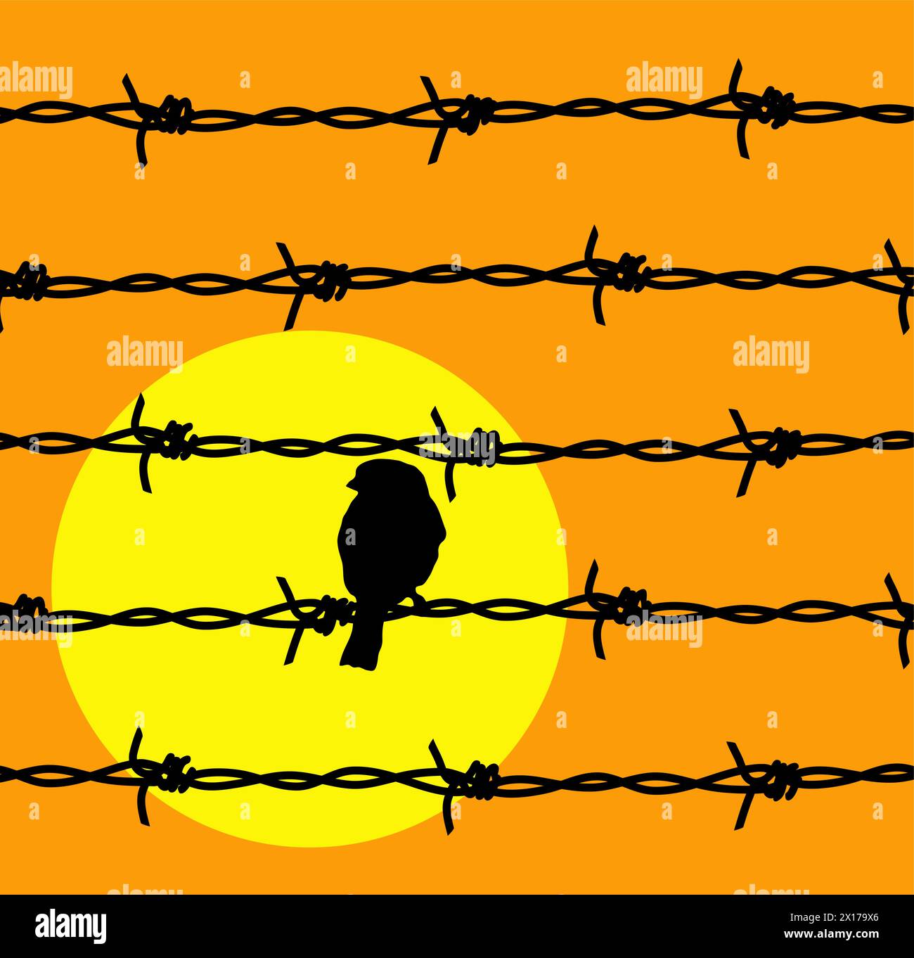 vector illustration of hand drawing of barbed wire prison boundary, sun and sparrow bird Stock Vector