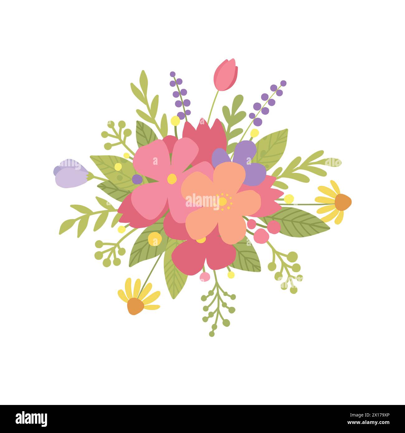 Bouquet of beautiful wild herbs, herbaceous flowering plants, blooming flowers, shrubs and subshrubs isolated on white background. Detailed botanical Stock Vector