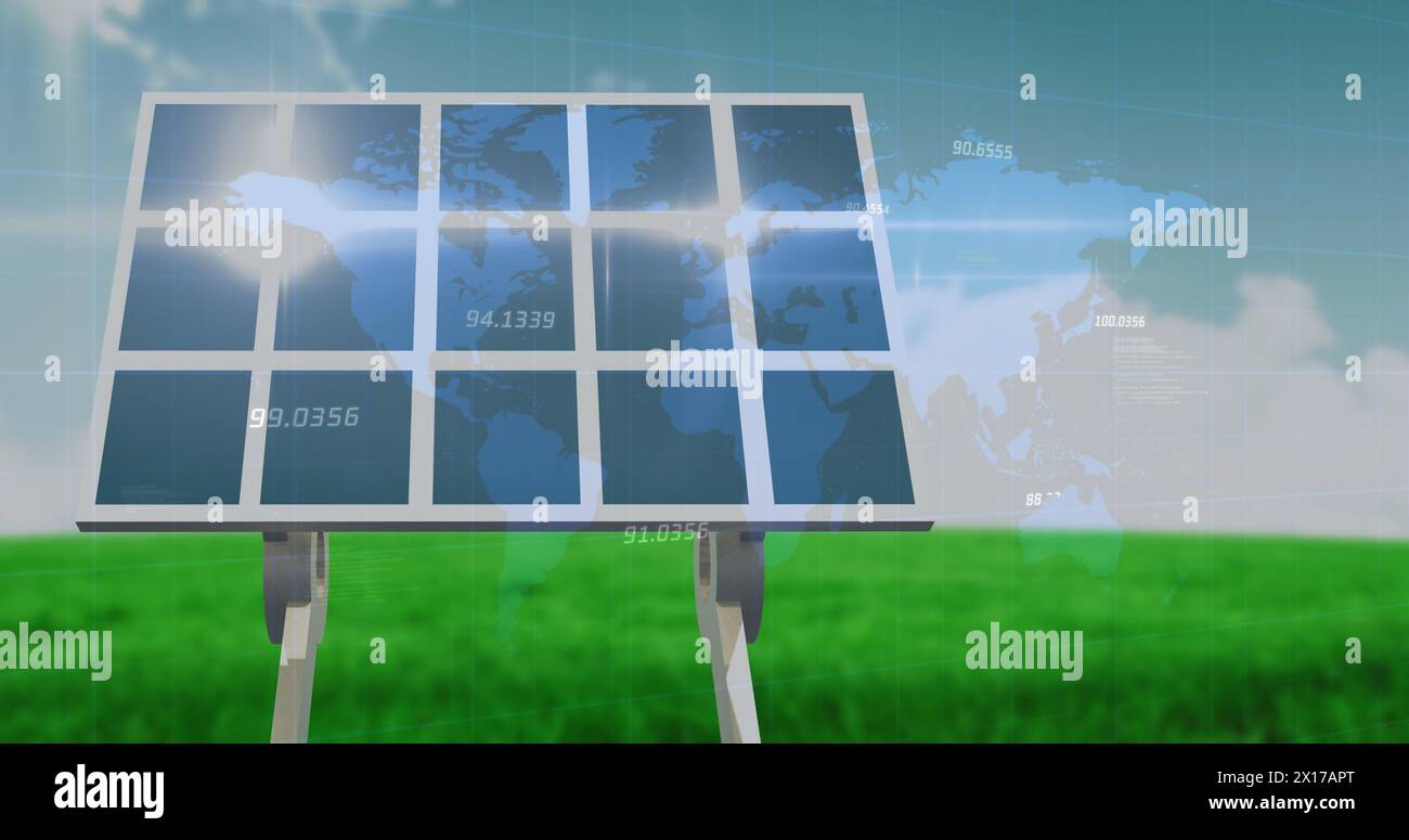 Image of icons over servers and sunny landscape Stock Photo - Alamy
