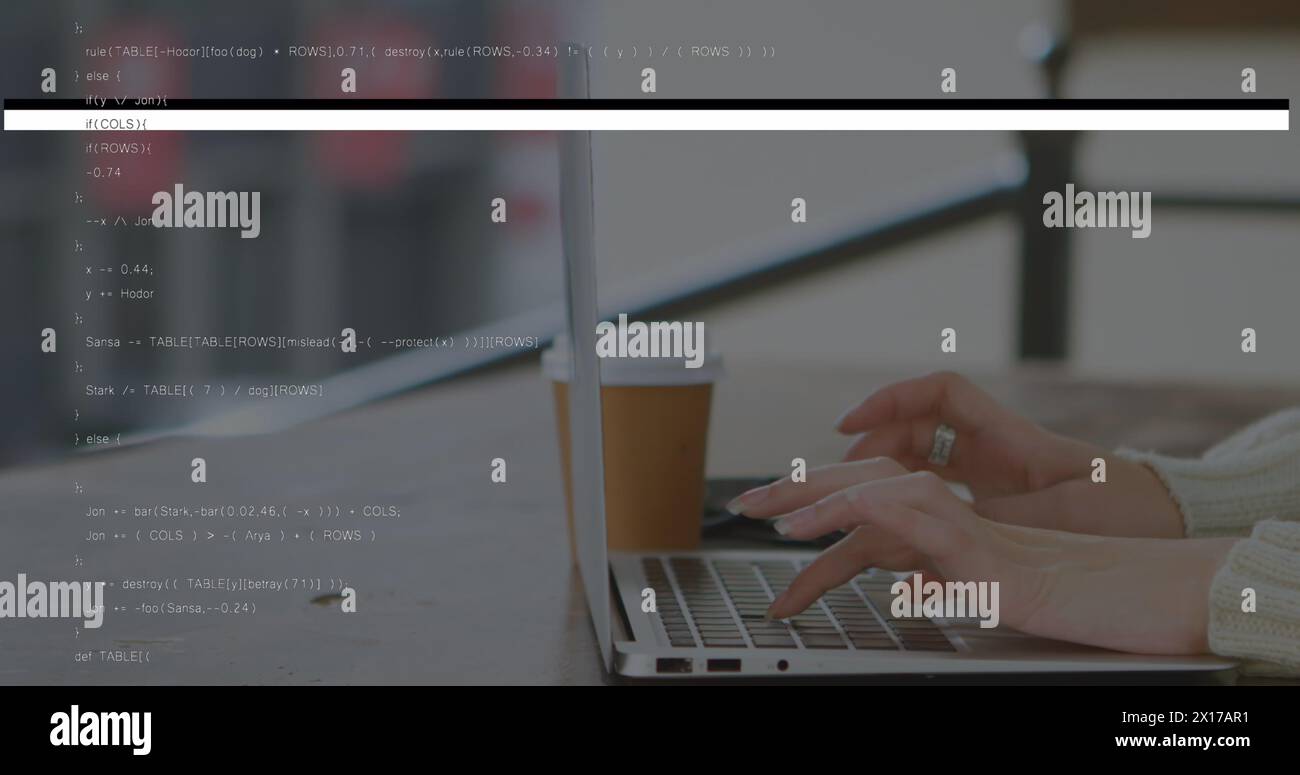 Image of data processing over hands using laptop Stock Photo