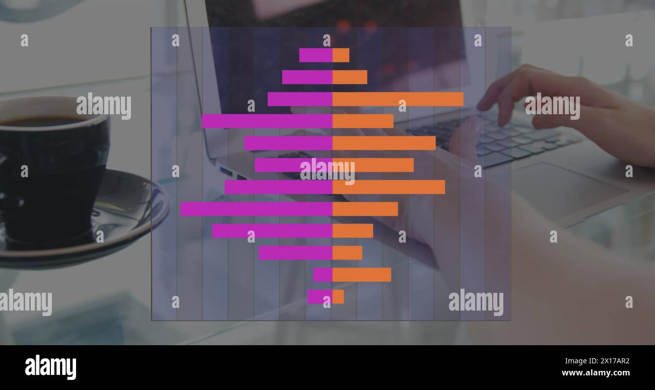 Image of data processing over hands using laptop Stock Photo