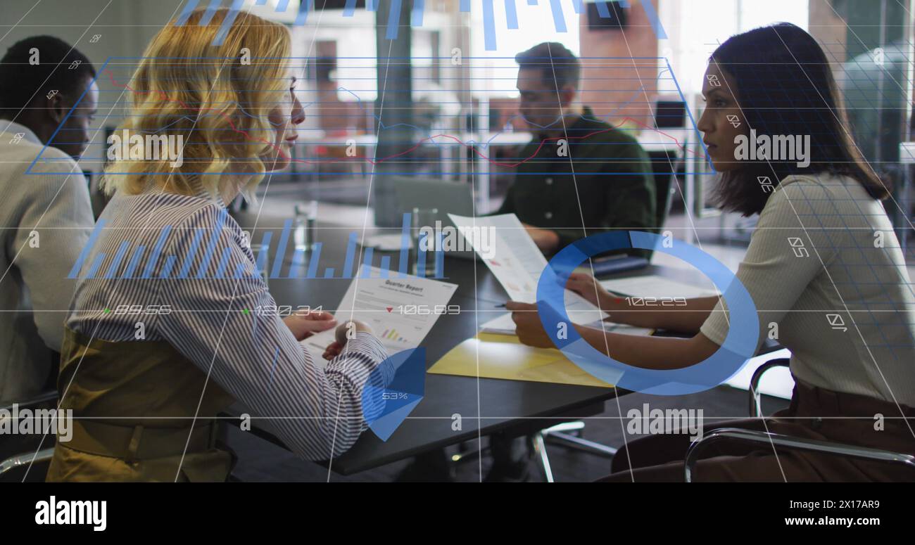 Image of data processing over group of diverse people Stock Photo
