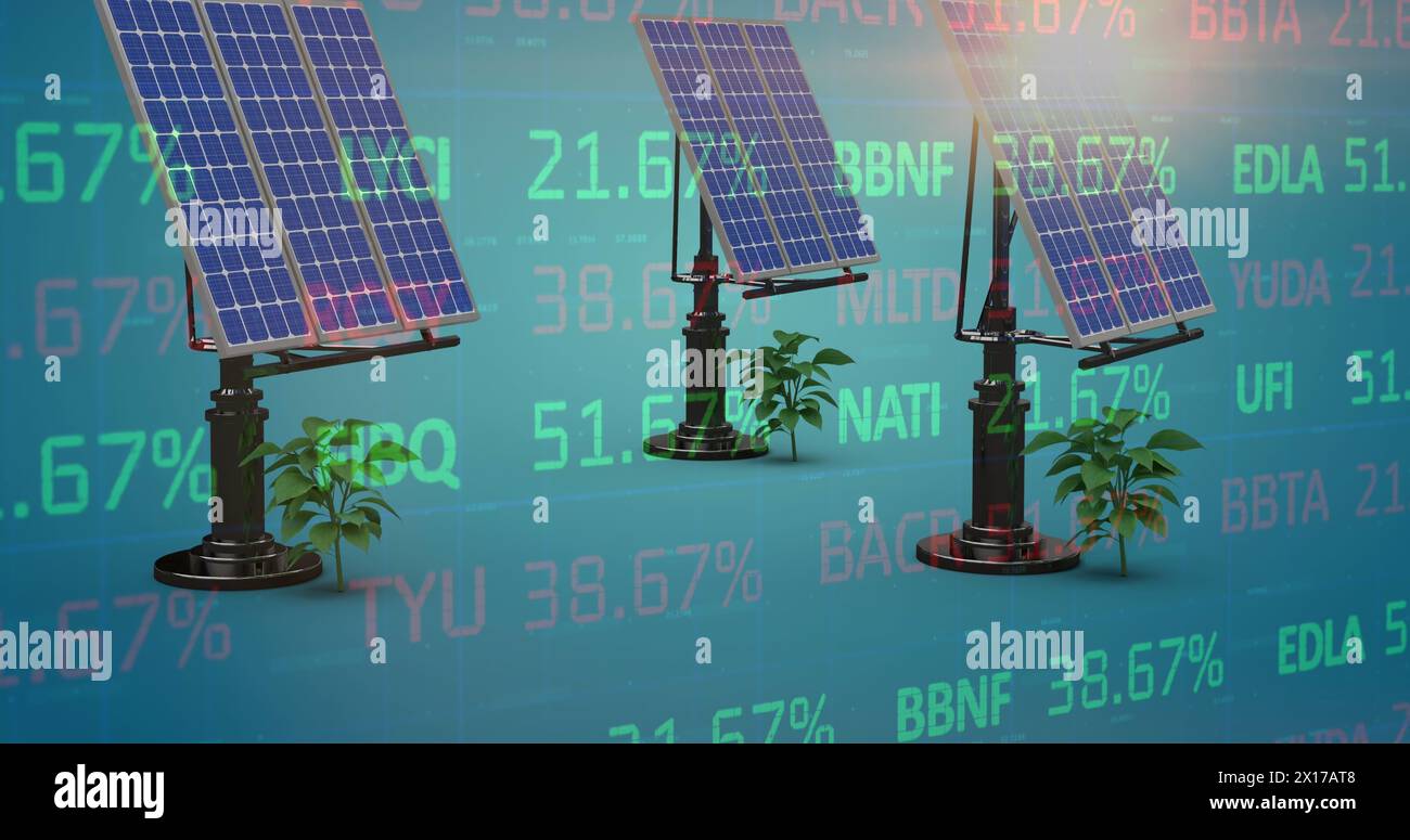 Image of financial data processing over solar panels and plants Stock Photo