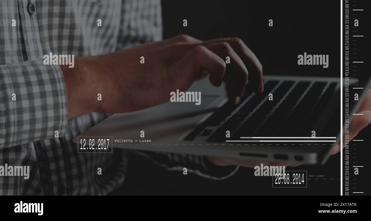 Image of data processing over hands using laptop Stock Photo