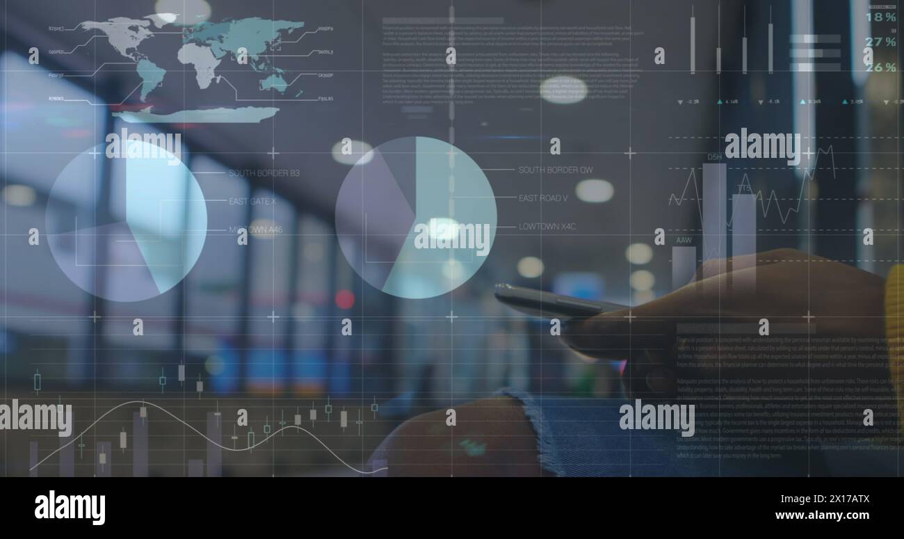 Statistical data processing against mid section of a woman using smartphone Stock Photo