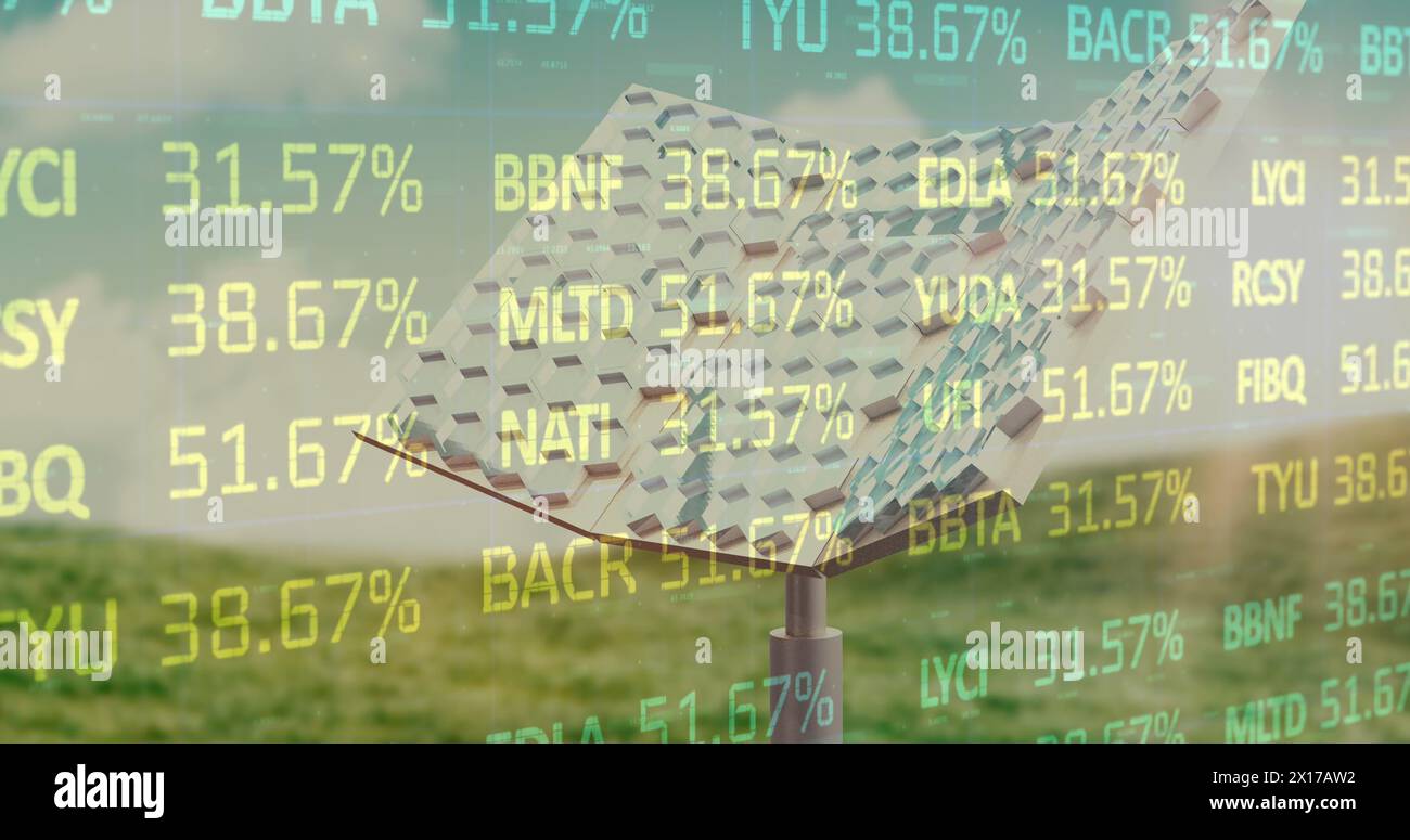 Image of financial data processing over moving cogs Stock Photo