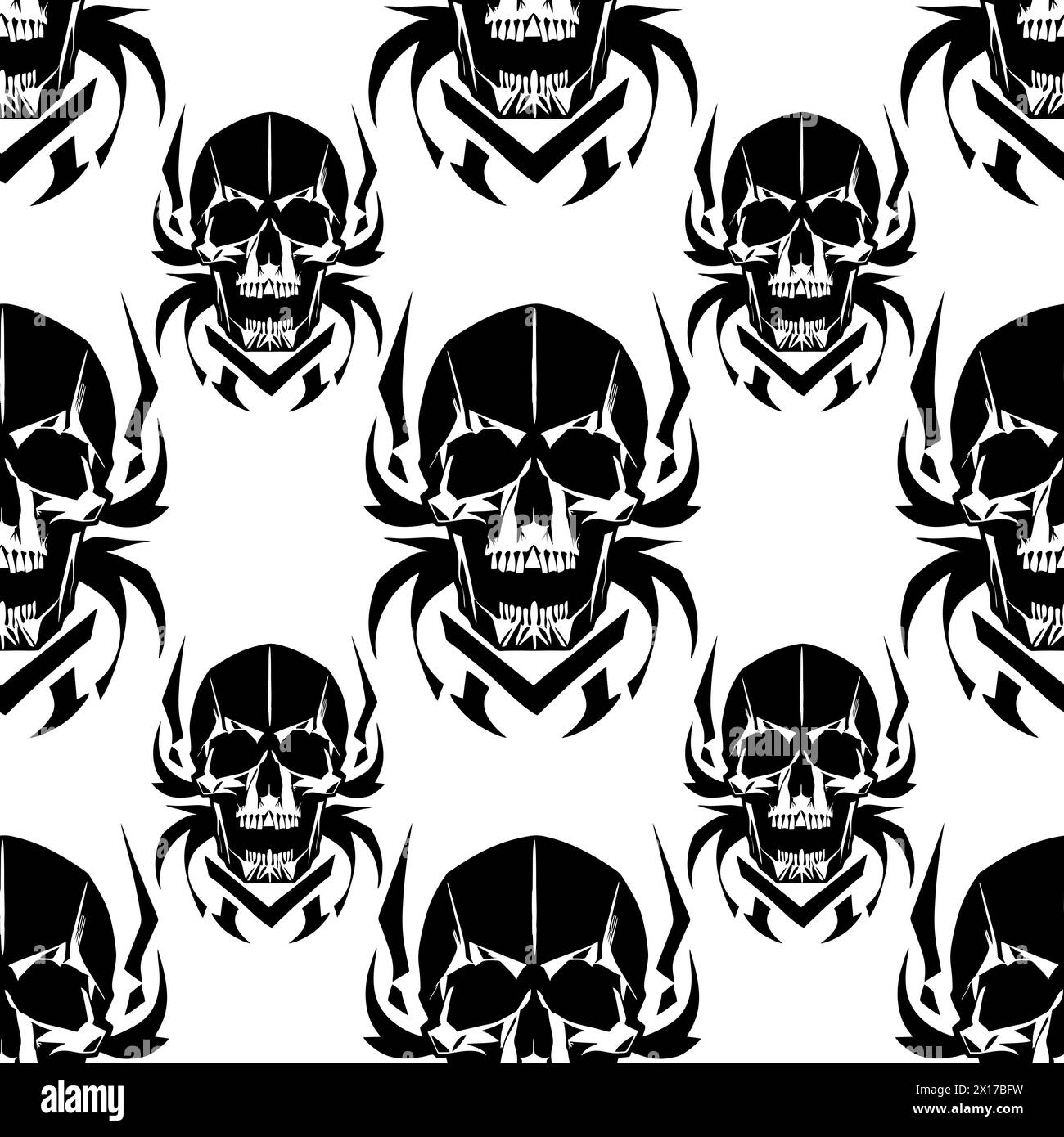 seamless symmetrical pattern of black human skulls on a white background, texture, design Stock Photo