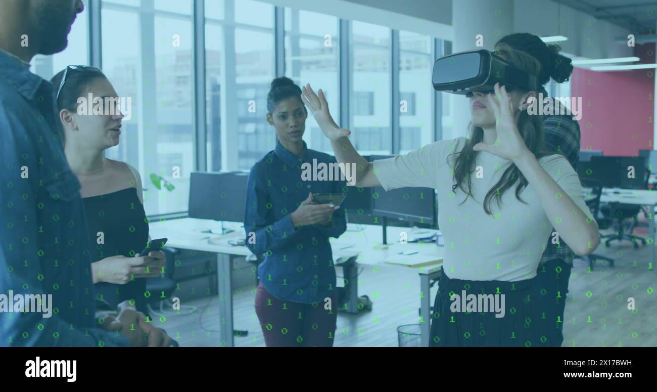 Image of binary coding data processing over business people in office Stock Photo