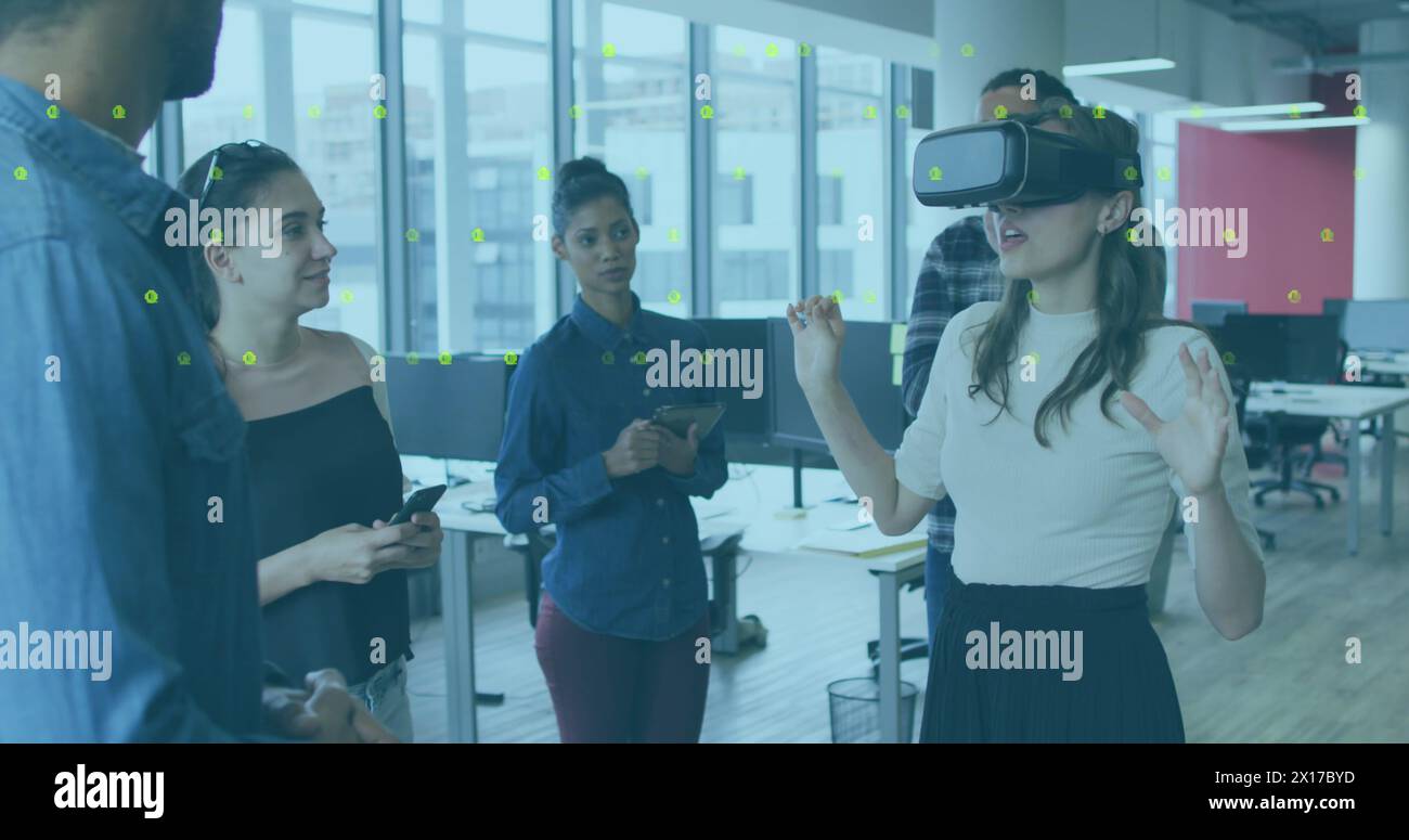 Image of binary coding data processing over business people in office Stock Photo
