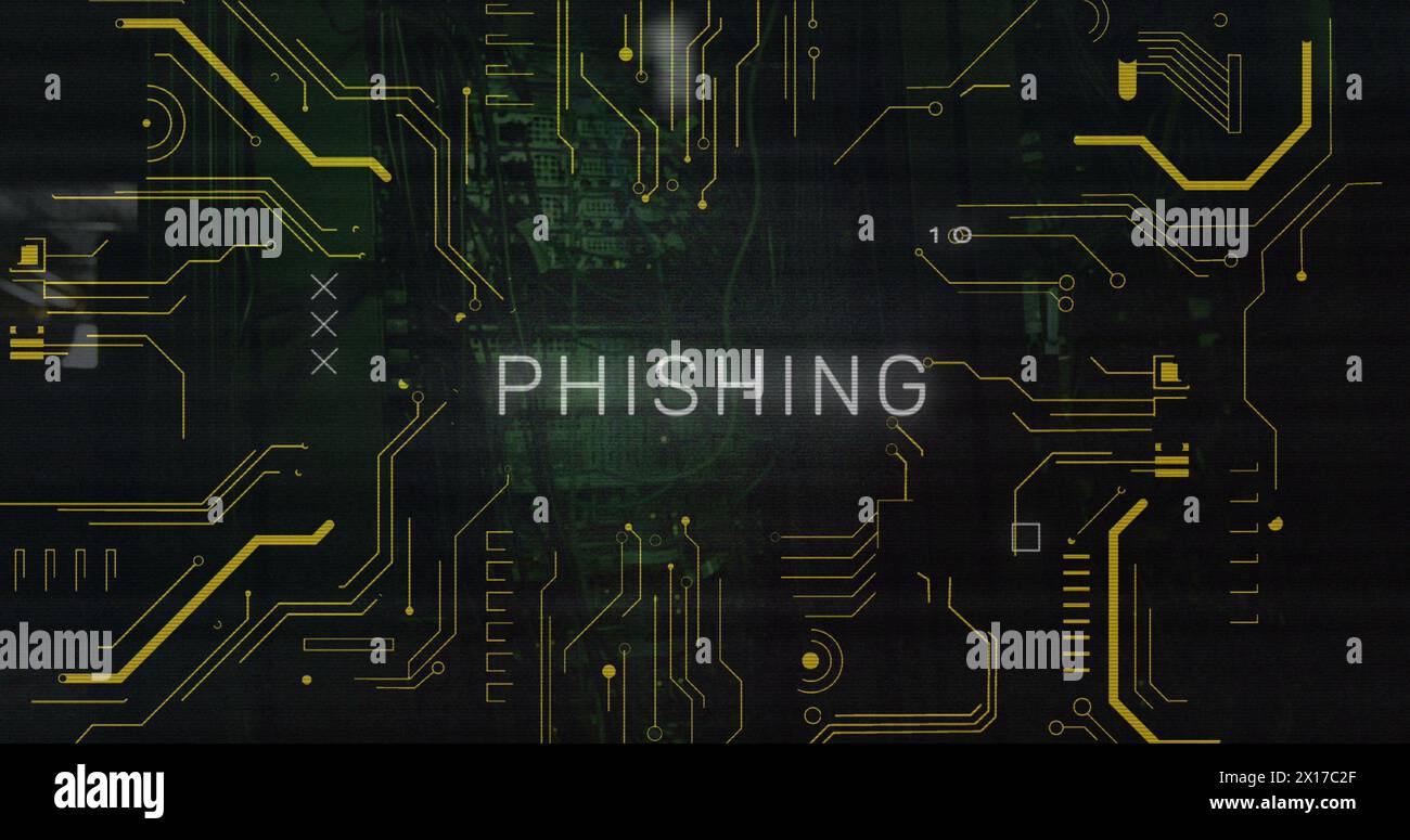 Image of phishing text and computing board over server room Stock Photo