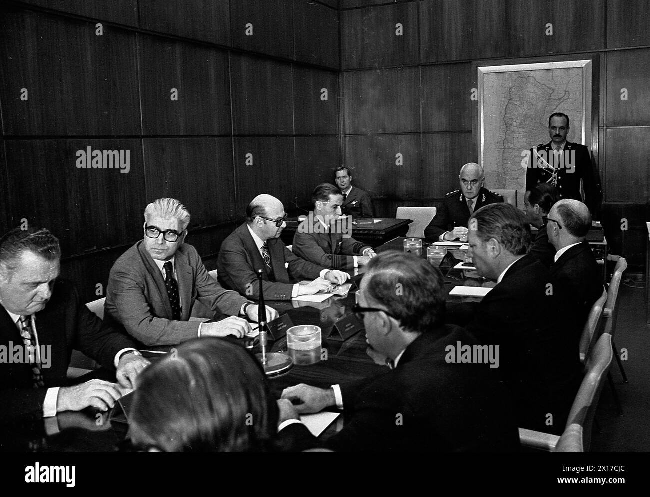 Argentine de facto President Alejandro Agustín Lanusse meets collaborators at the Government House (Casa Rosada), Buenos Aires, 1972. Stock Photo