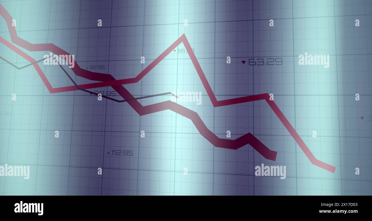 Image of red lines and financial data processing over grid Stock Photo