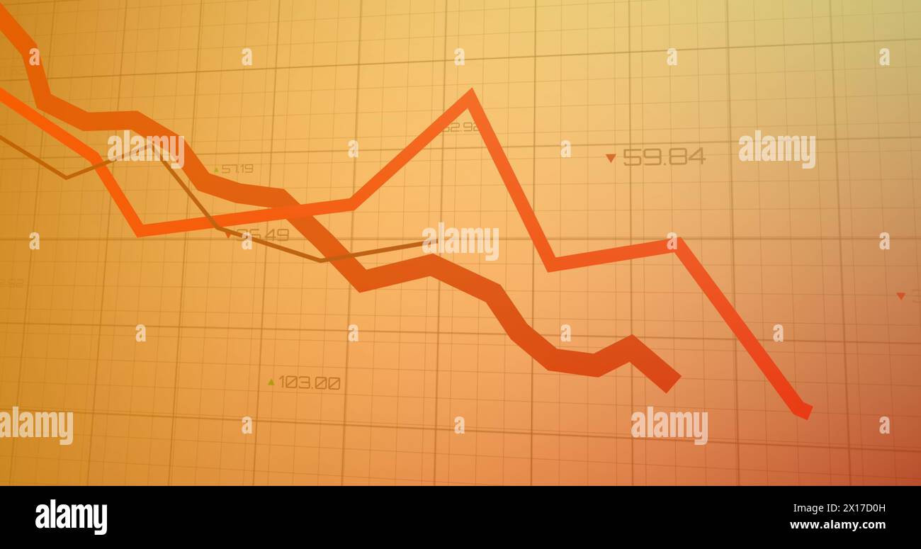 Image of red lines and financial data processing over grid Stock Photo