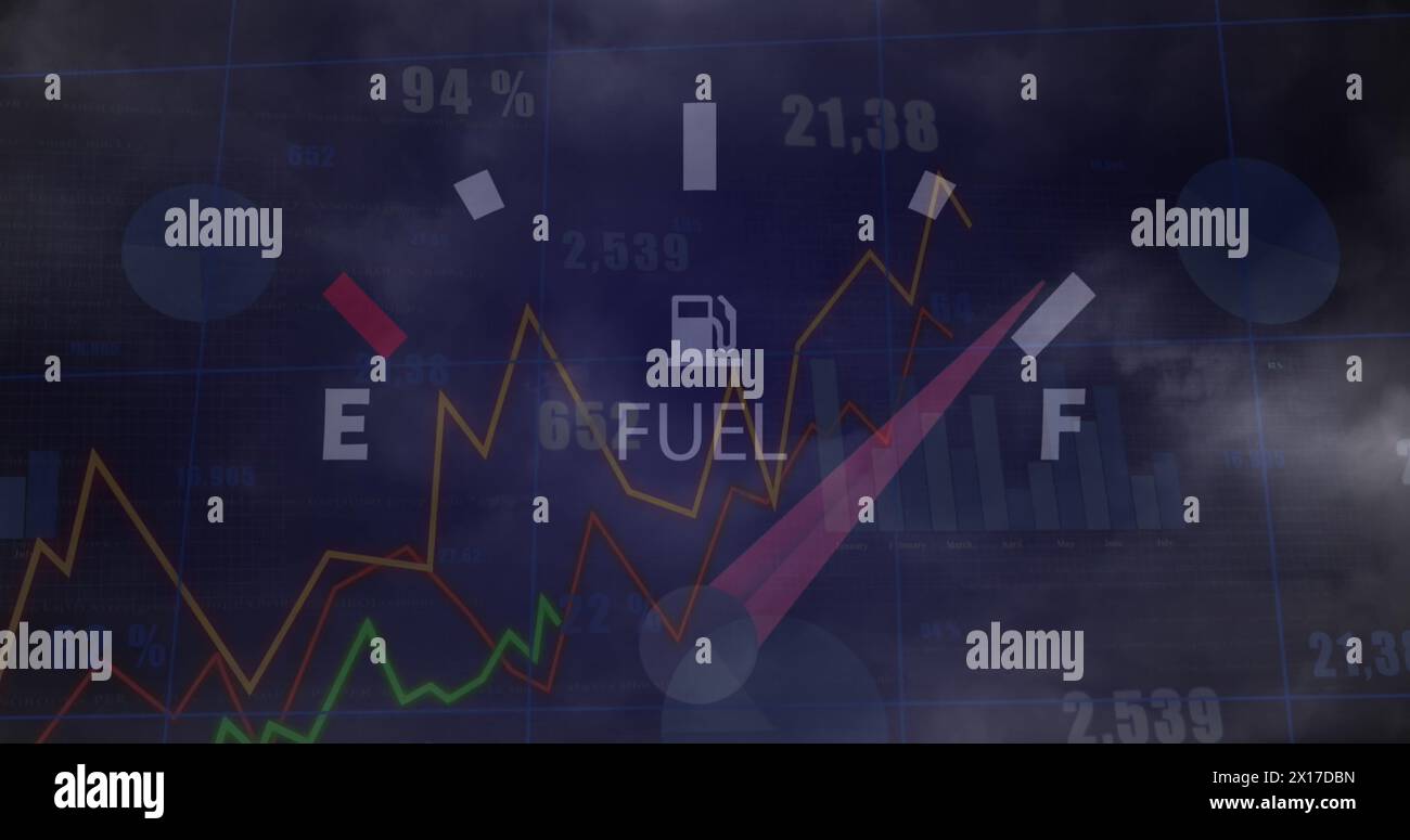Image of speedometer and statistical data processing against dark clouds in the sky Stock Photo