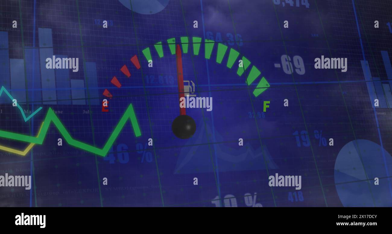 Image of speedometer and statistical data processing against dark clouds in the sky Stock Photo