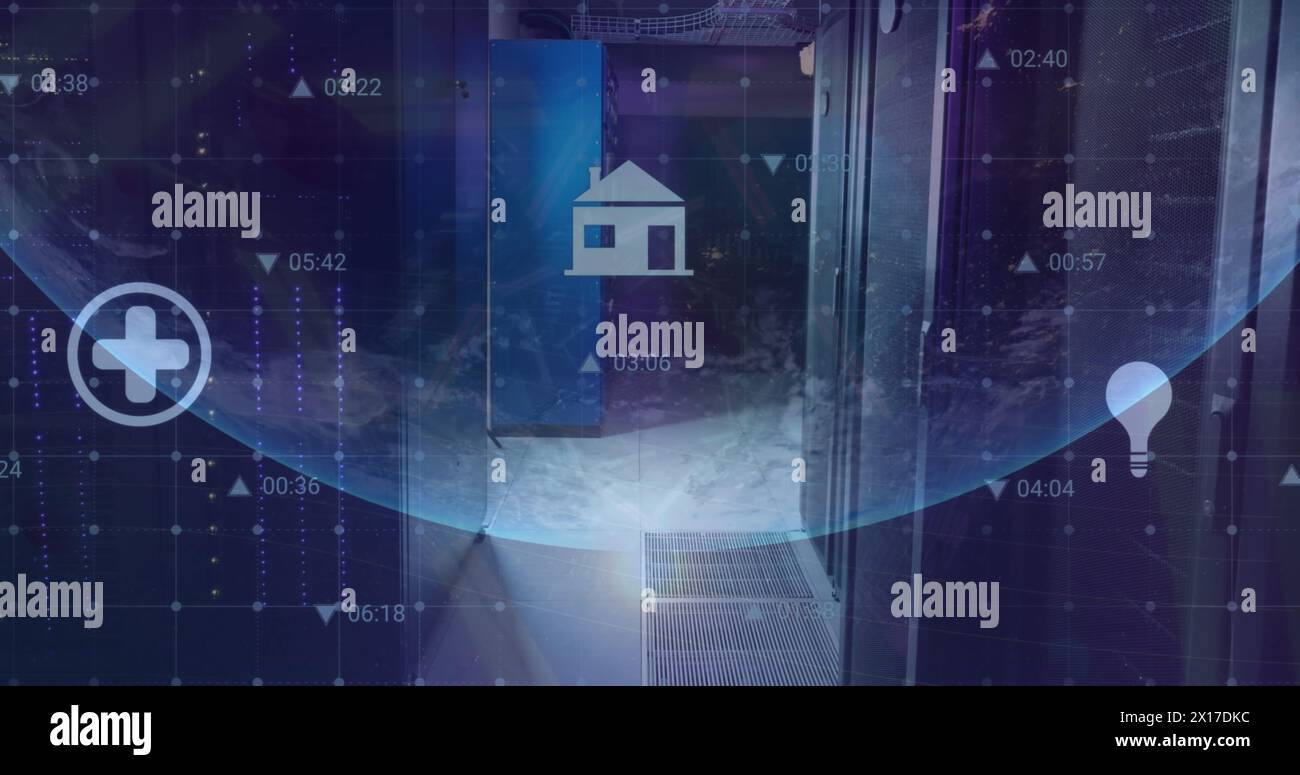 Image of multiple digital icons over globe against computer server room Stock Photo