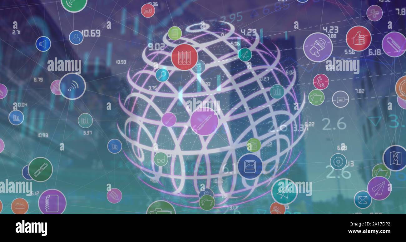 Image of network of digital over spinning globe and data processing against tall building Stock Photo
