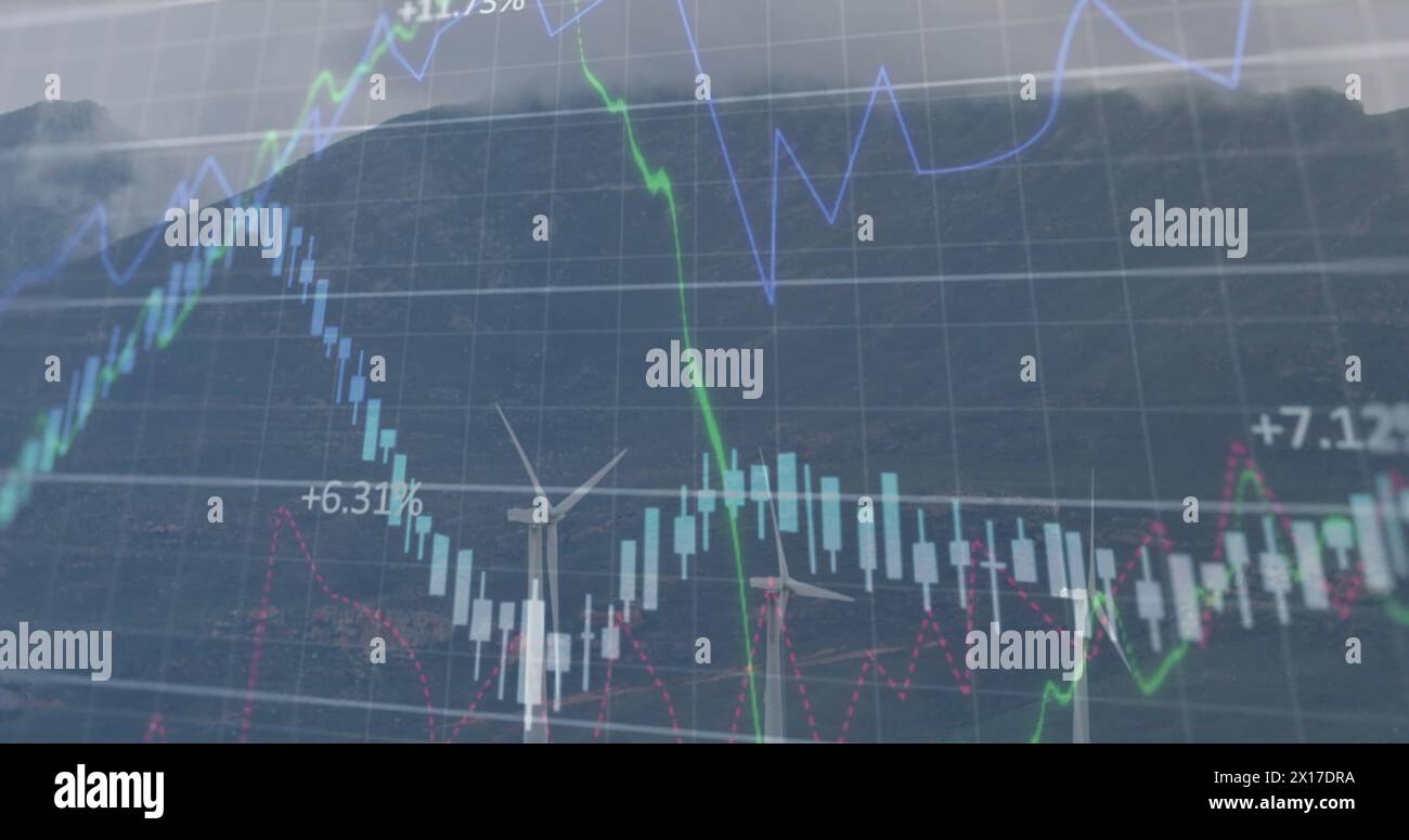 Image of financial data processing over spinning windmills on grassland Stock Photo