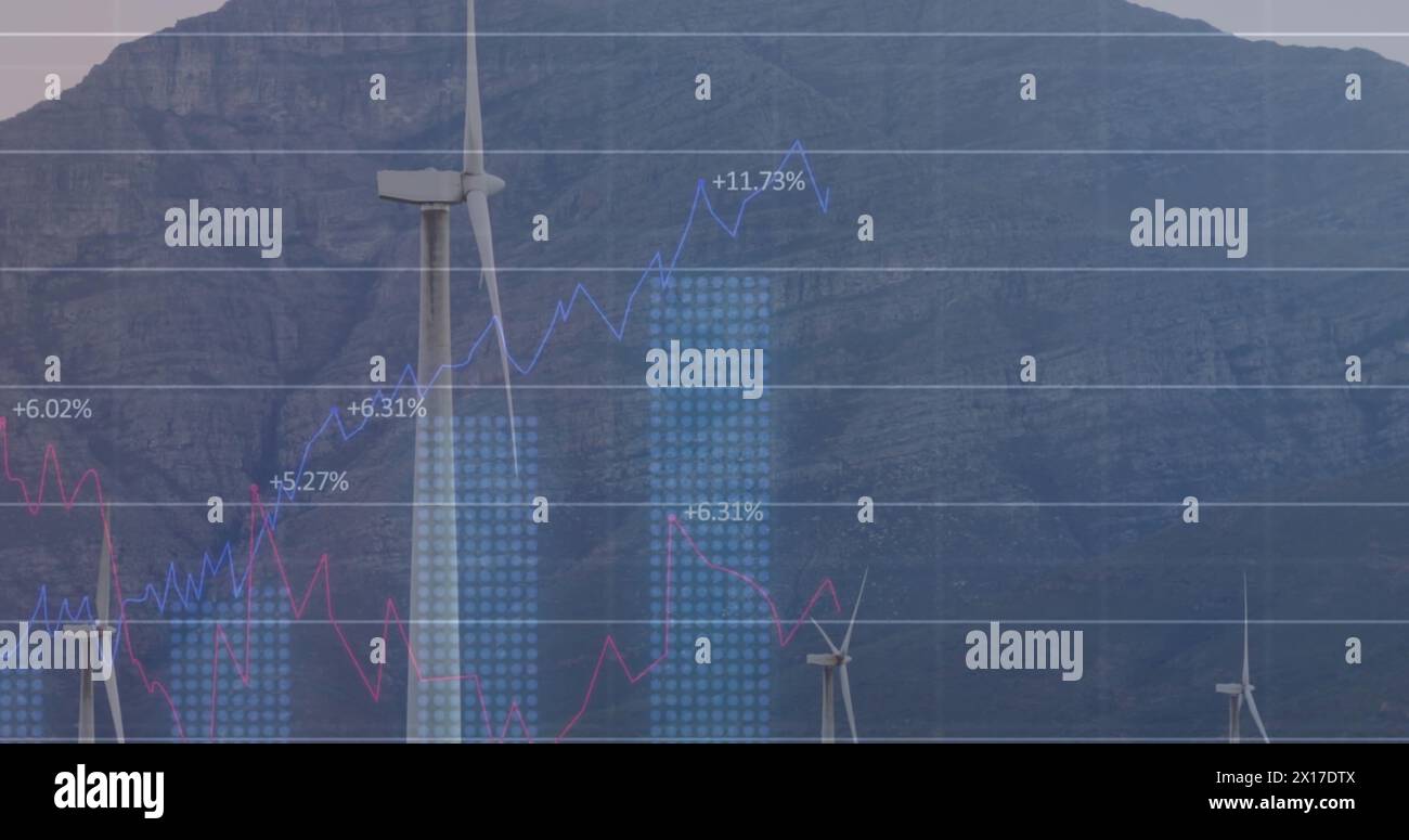 Image of statistical data processing over spinning windmill on grassland Stock Photo