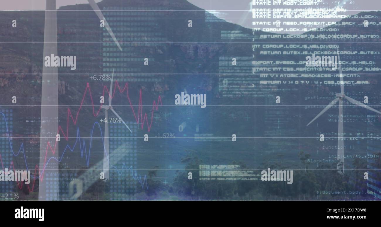 Image of statistical data processing over spinning windmills on grassland Stock Photo