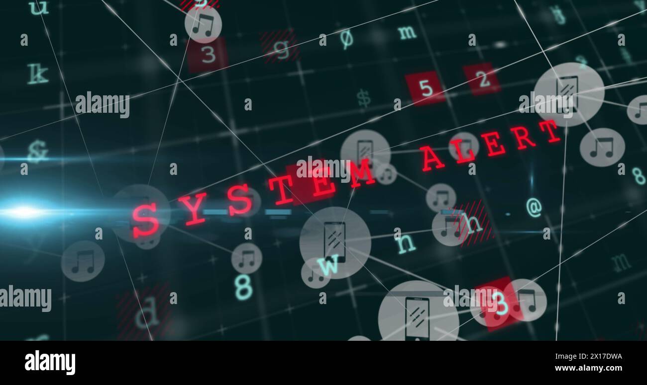 Image of system hacked, malware, alert text, letters, numbers, connected phone and music icons Stock Photo