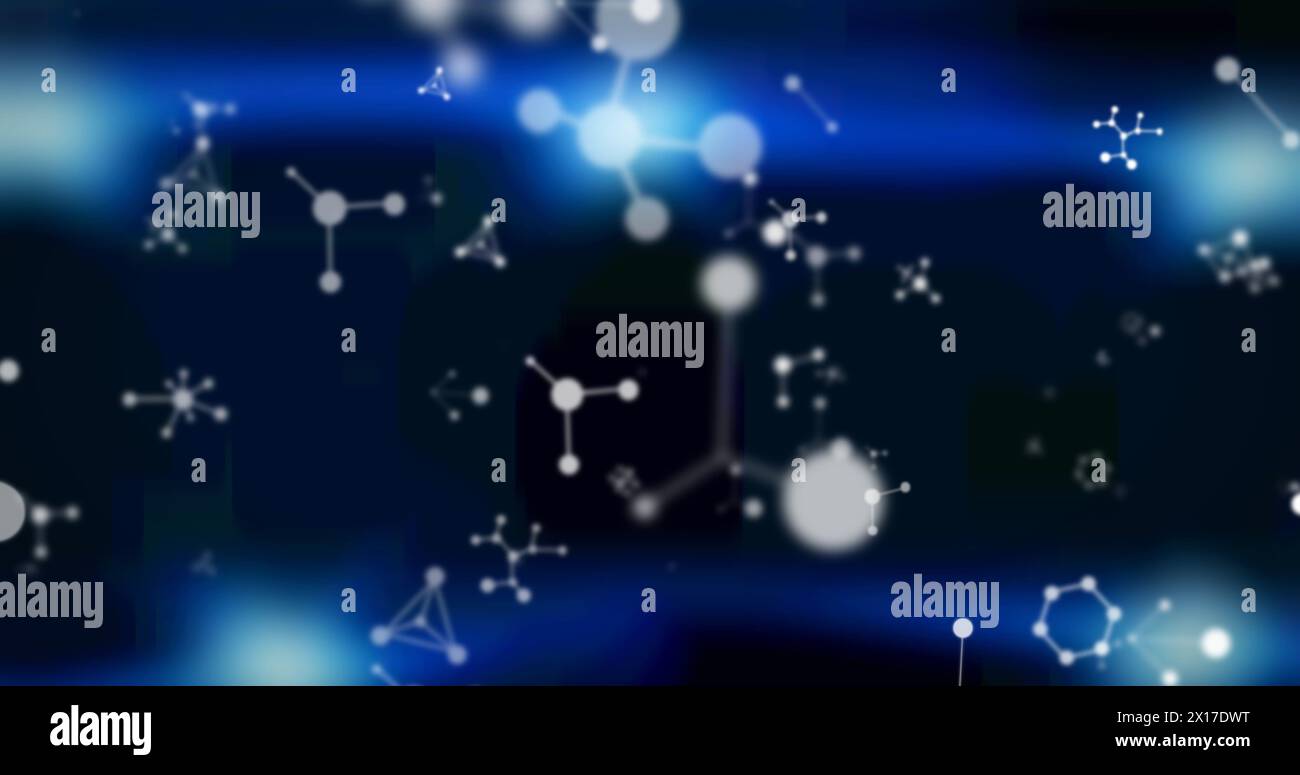 Image of white molecules floating on blue background Stock Photo