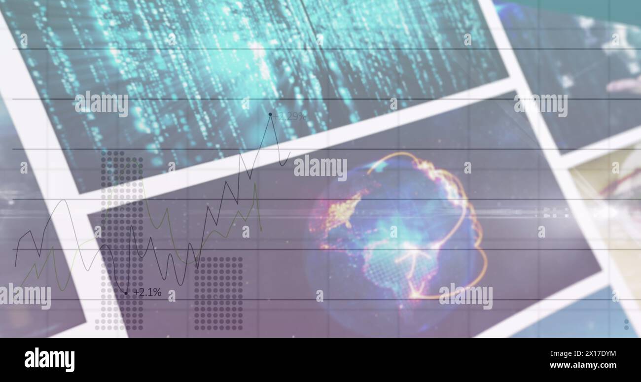 Image of charts and data processing over various clips playing on composite screens Stock Photo