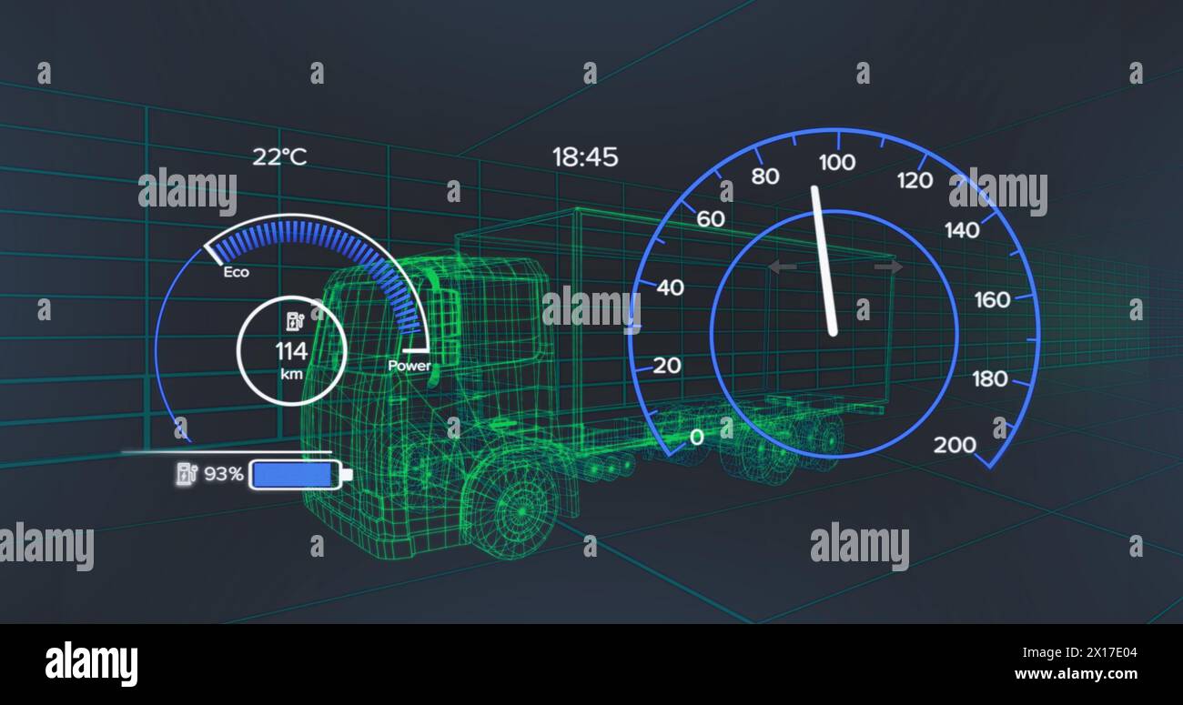 Image of speedometer over electric truck project on navy background Stock Photo