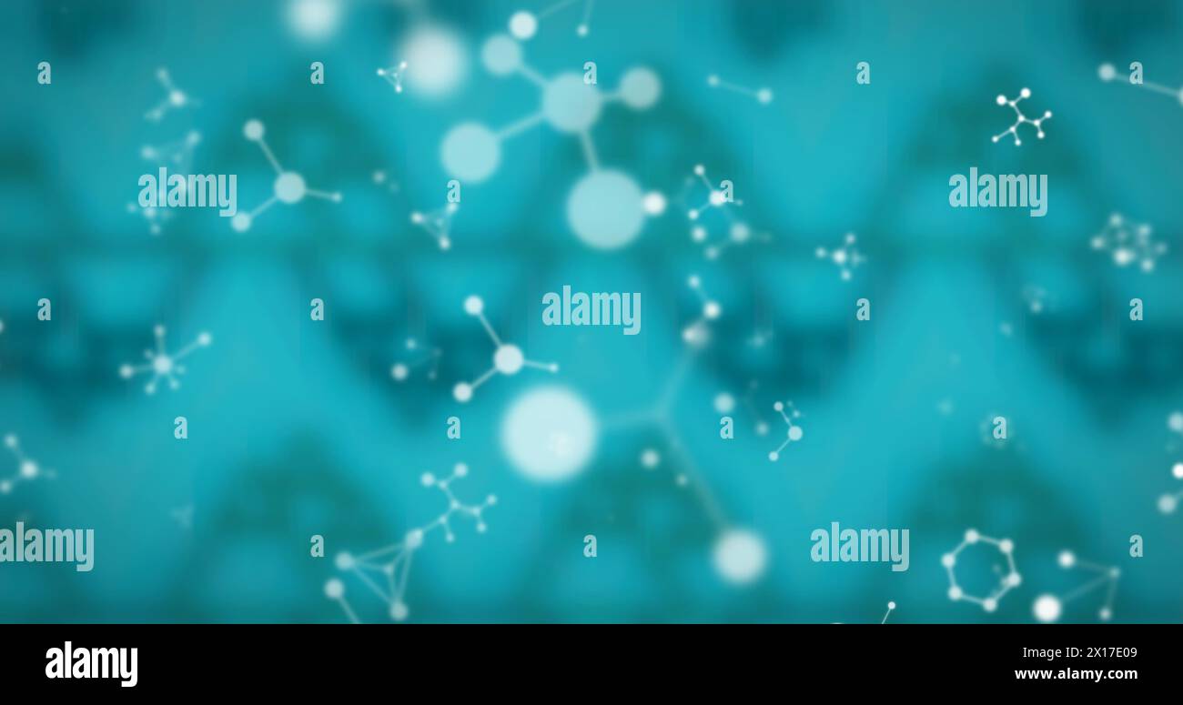 Image of white molecules floating on blue background Stock Photo