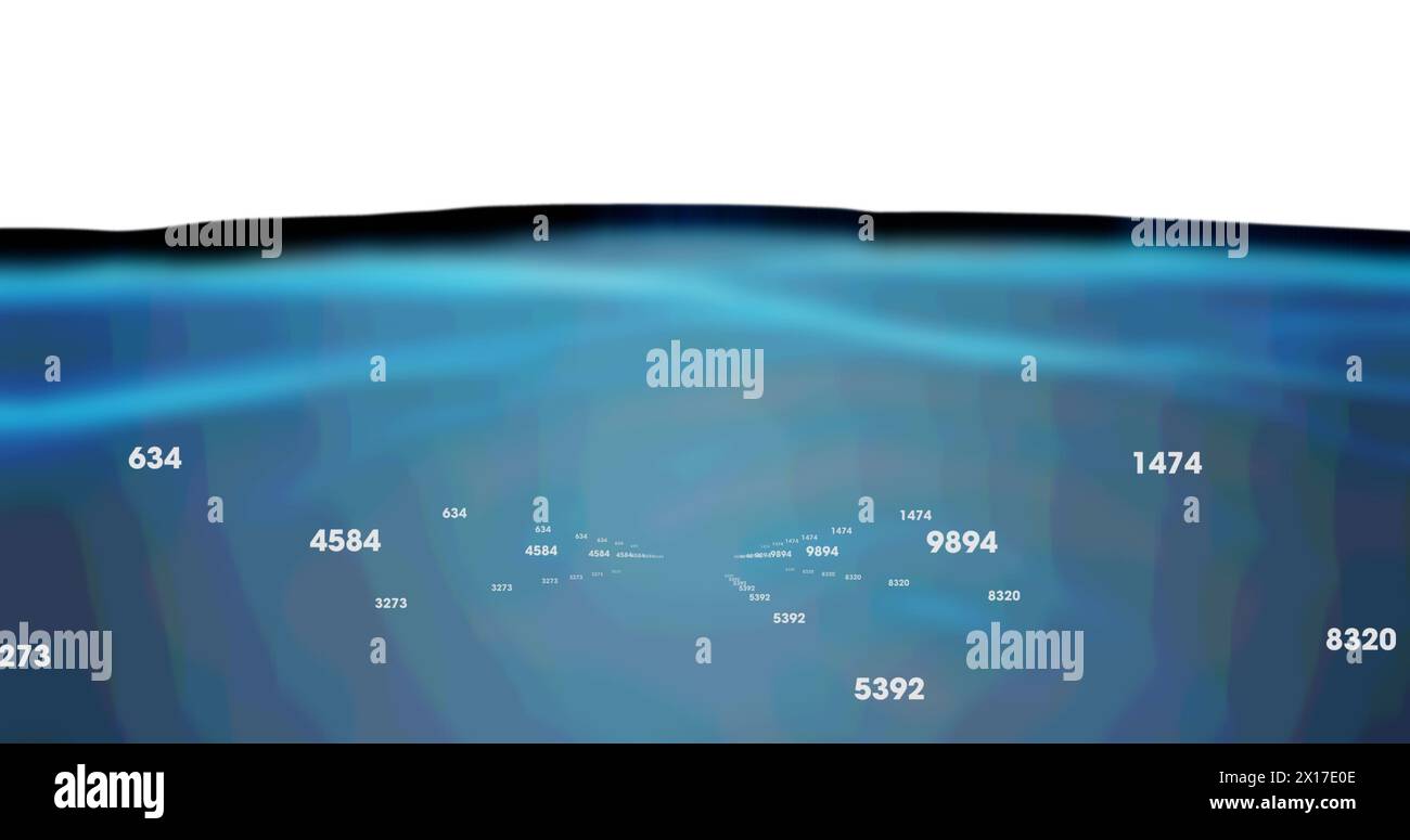 Digital image of multiple increasing numbers against blue liquid ...
