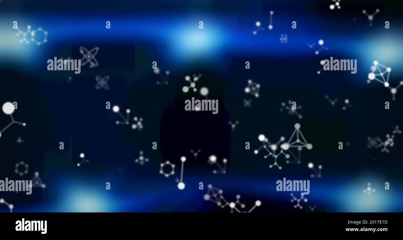 Image of white molecules floating on blue glowing background Stock Photo