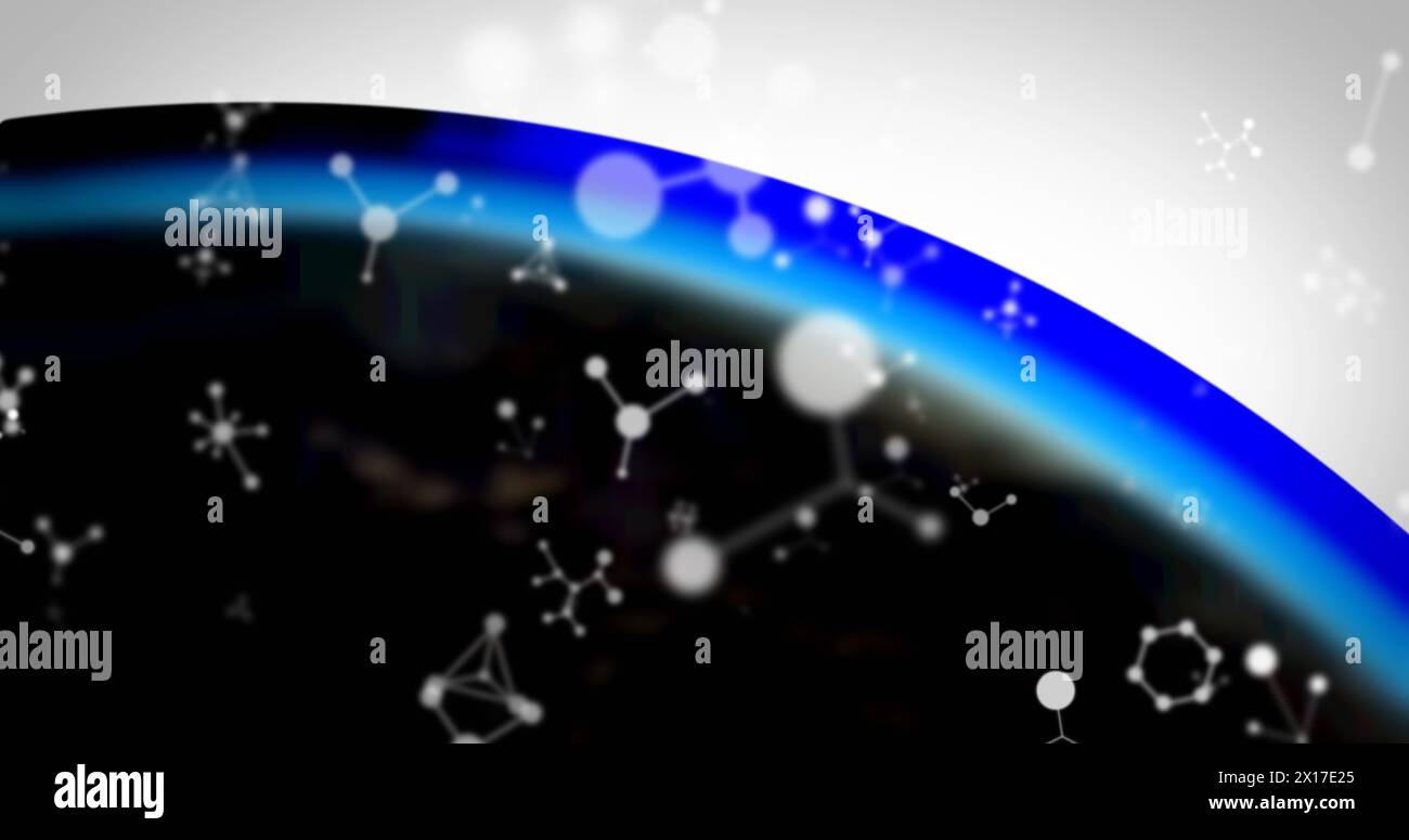 Image of white molecules floating on white and blue background Stock Photo