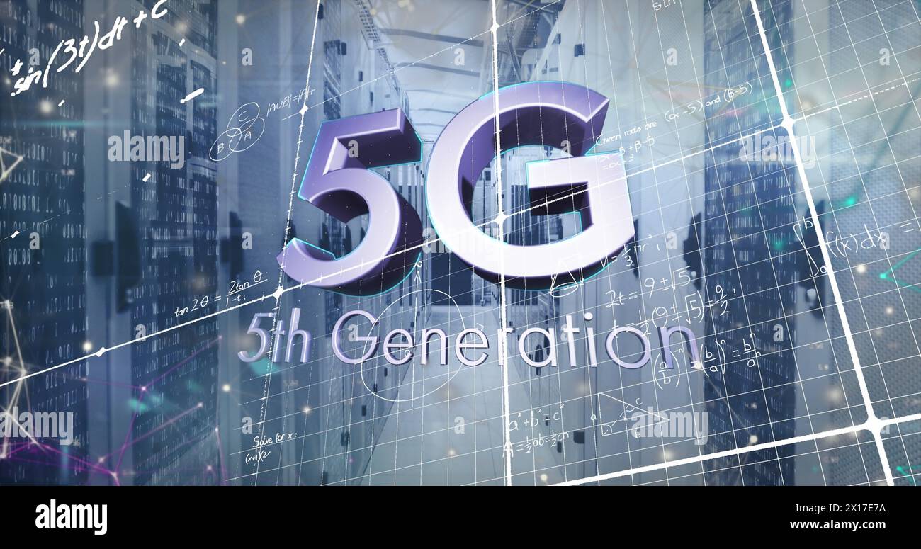 Image of 5g text banner mathematical equations over grid network against computer server room Stock Photo