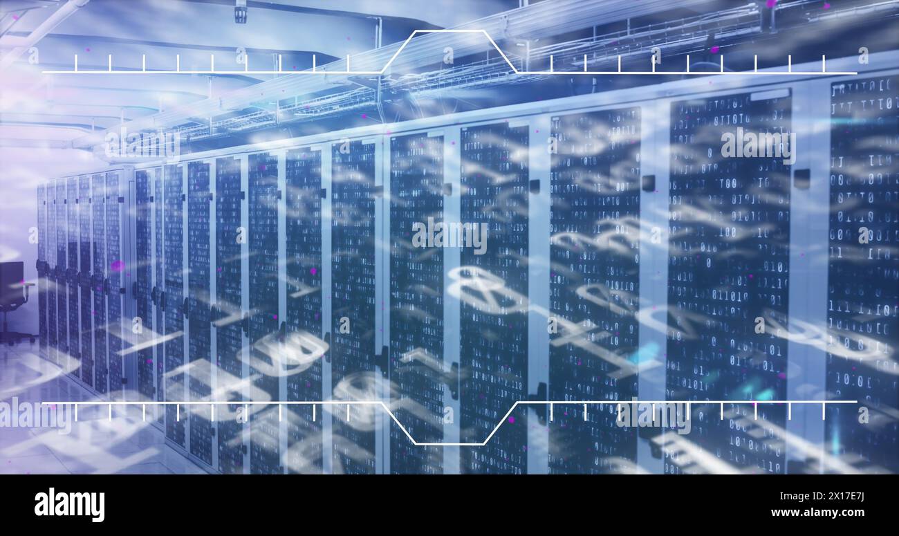 Image of interface with binary coding and mathematical equations against server room Stock Photo
