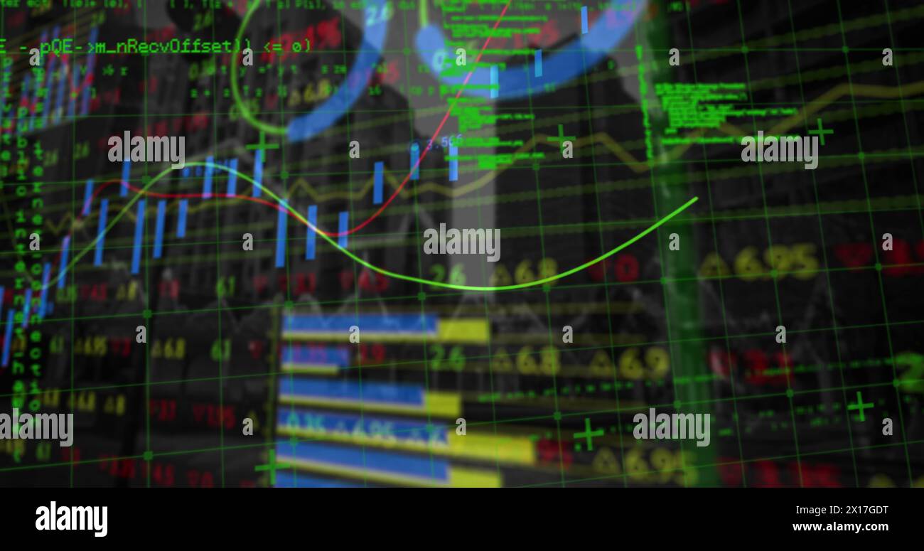 Financial and statistical data processing against tall buildings in background Stock Photo