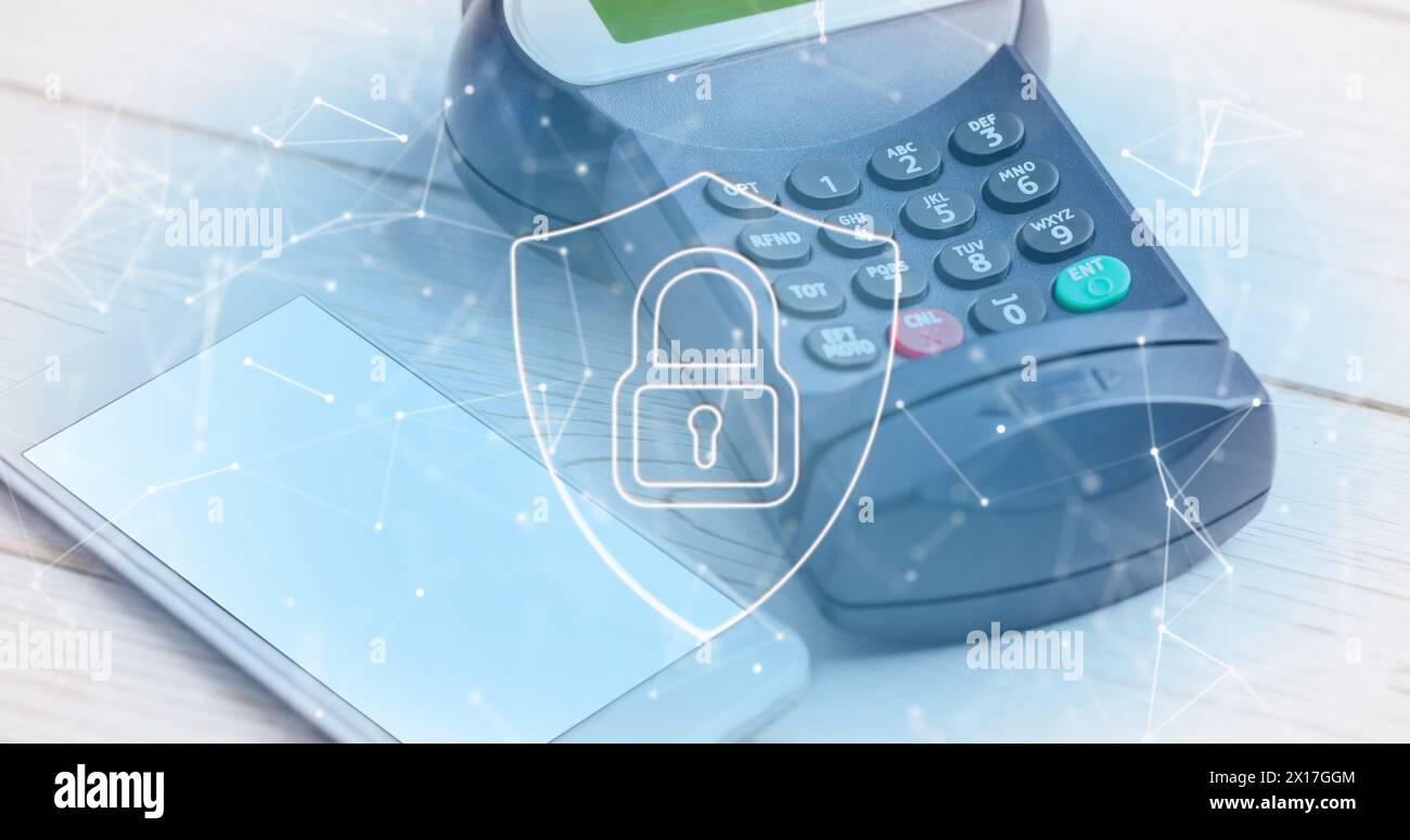 Image of network of connections and security padlock on shield over ...