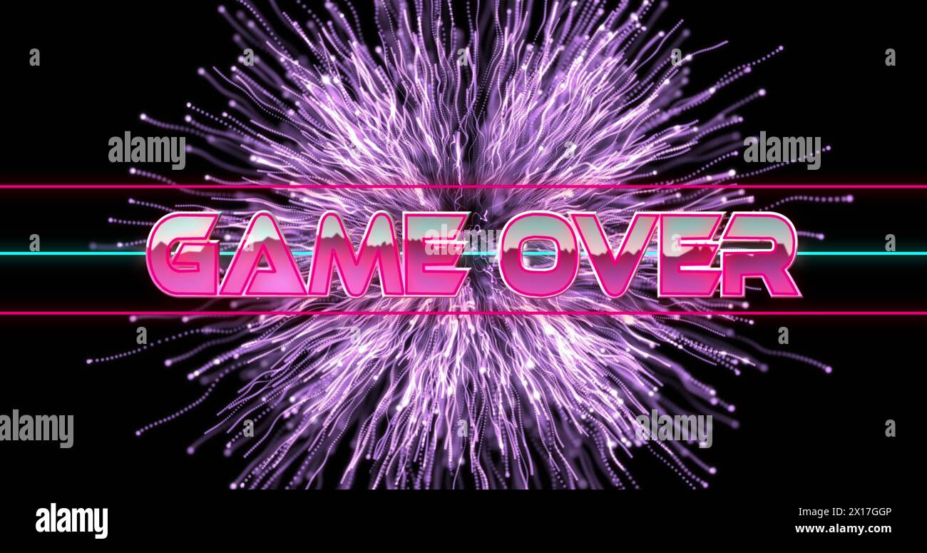 Image of game over text in metallic pink letters with triangles over purple fireworks Stock Photo
