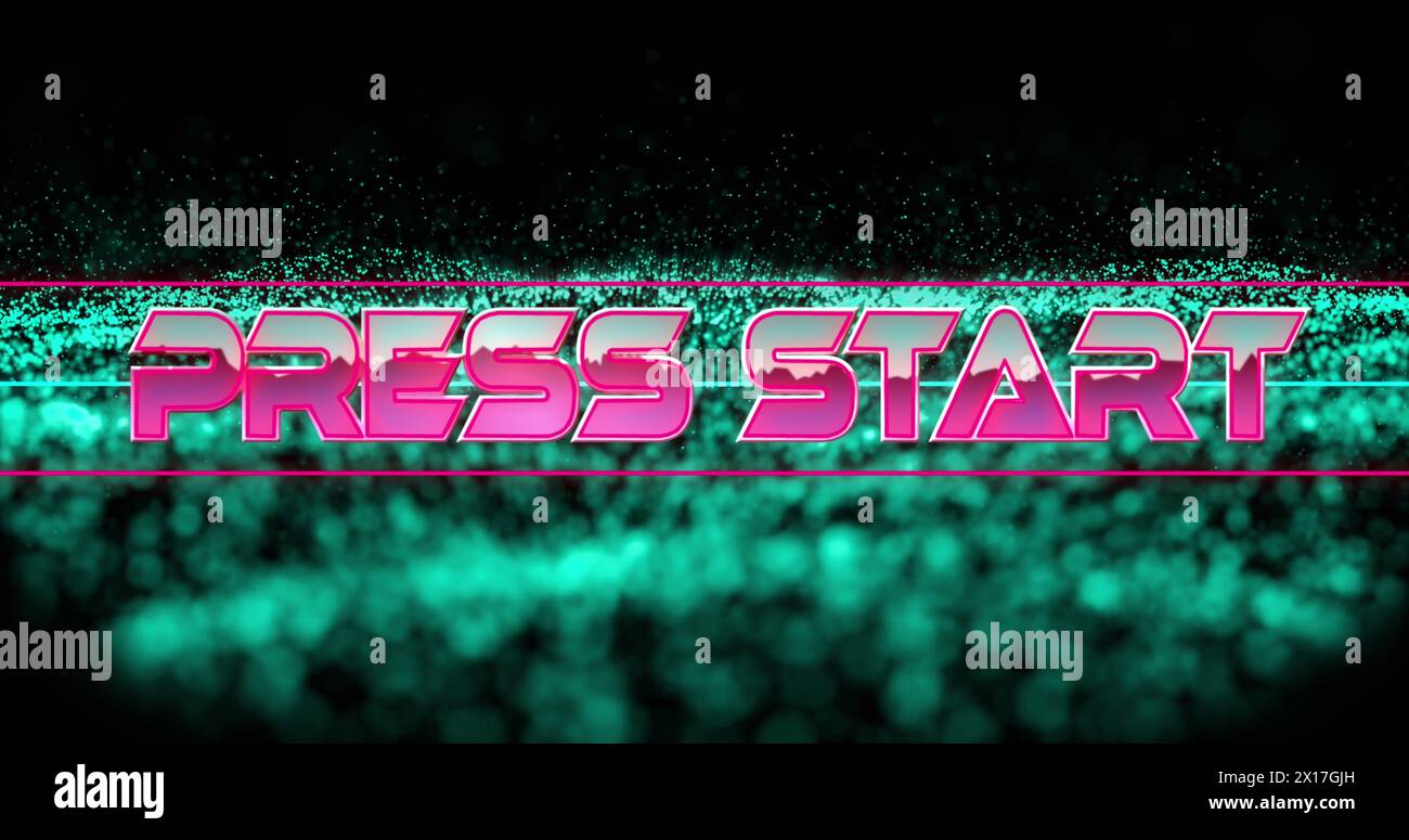 Image of press start only over text in metallic pink letters with lines ...