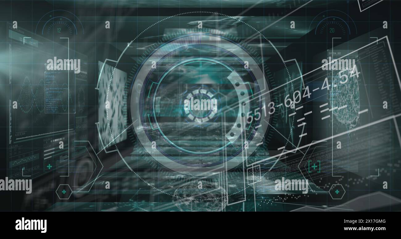 Image of digital screens with data processing on dark green background Stock Photo
